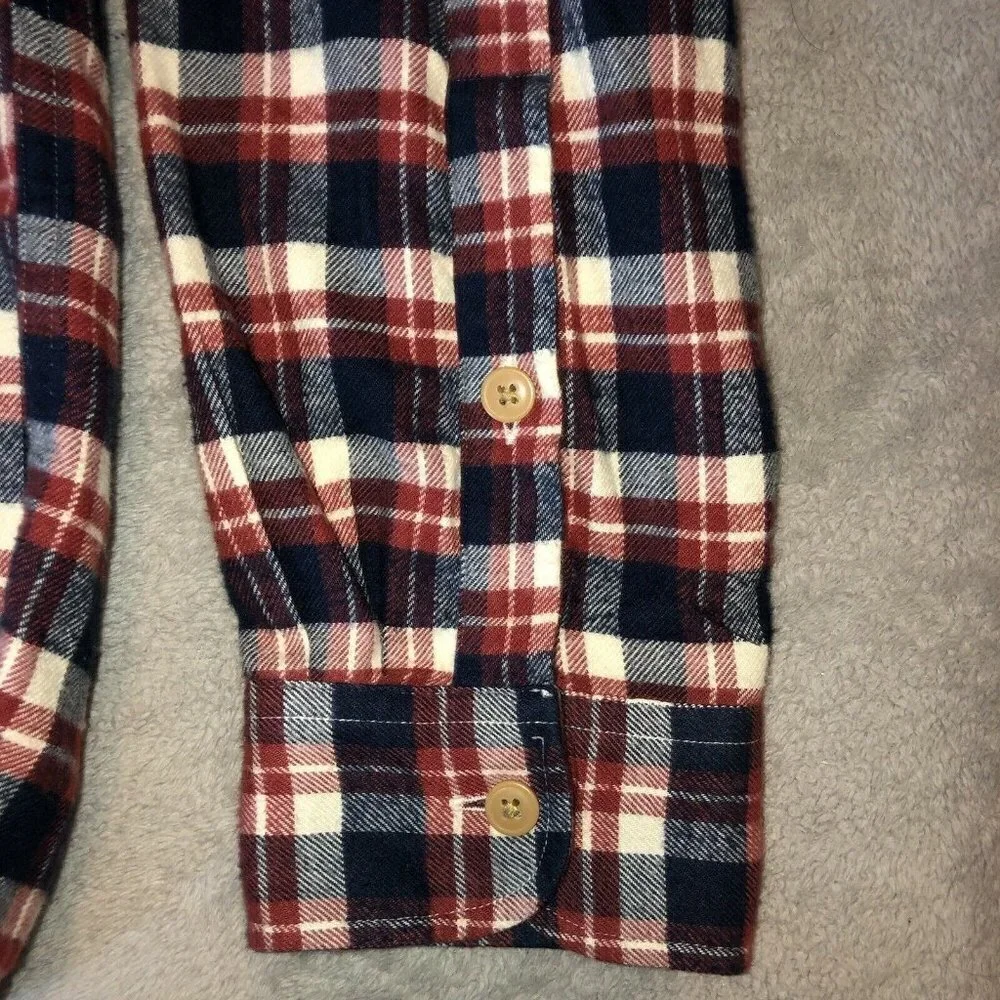 J.CREW Mercantile Mens Navy Blue Cream Plaid Flannel Long Sleeve Shirt